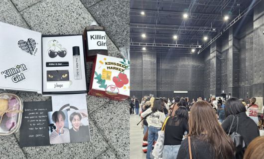 제이홉이 팬들에게 준 선물과 손편지(왼쪽). 별도로 마련된 스튜디오에서 사전녹화를 기다리고 있는 팬들의 모습./SNS 캡처