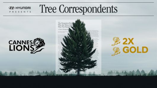 국제 광고제 '칸 라이언즈 2025'의 디지털 크래프트(Digital Craft) 카테고리 내 2개 부분에서 금사자상(Gold Lions, 금상), 1개 부문에서 은사자상(Silver Lions, 은상)을 수상한 CSR 홍보 캠페인 '나무 특파원(Tree Correspondents)'의 대표사진./현대차그룹