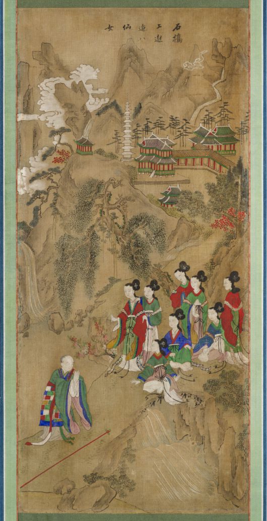 성진이 팔선녀를 만나는 장면이 담긴 구운몽도 병풍 1폭. /국가유산청