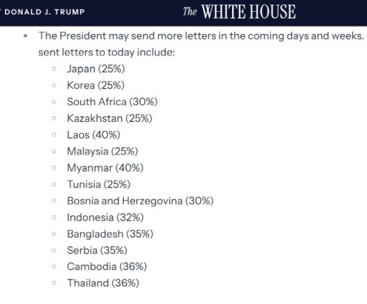 도널드 트럼프 미국 대통령이 7일(현지시간) 이재명 대통령 등 14개국 정상에게 보낸 서한에서 통보한 8월 1일부터 부과하는 미국의 상호관세율./백악관 홈페이지 캡처