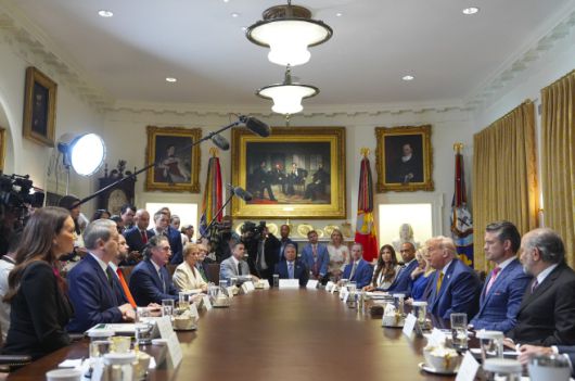 도널드 트럼프 미국 대통령이 8일(현지시간) 백악관에서 내각 회의를 주재하고 있다./AP·연합