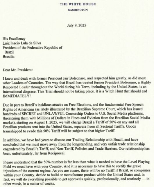 도널드 트럼프 미국 대통령이 9일(현지시간) 루이스 이나시우 룰라 다시우바 브라질 대통령에게 보낸 상호관세율 통보 서한./트럼프 대통령 트루스소셜 캡처