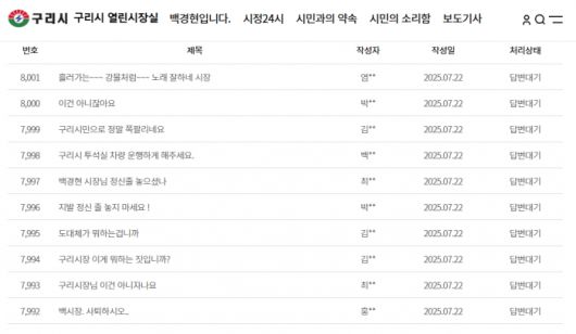 22일 오후 구리시 시민의 소리 게시판에 백 시장을 향한 비난글이 폭주했다./구리시 홈페이지 캡처