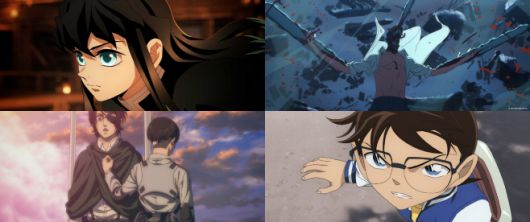 올 한해동안 '극장판 귀멸의 칼날: 무한성편'(윗줄 왼쪽부터 시계 방향으로)과 '극장판 체인소 맨: 레제편', '명탐정 코난: 척안의 잔상', '극장판 진격의 거인 완결편 더 라스트 어택'이 국내 극장가에서 모두 합쳐 1000만명 이상을 동원하는 등 일본 애니메이션의 흥행 열풍이 거셌다./제공=CJ ENM·소니픽쳐스코리아·애니플러스