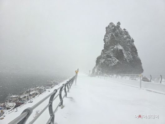 26일 대설주의보가 발효 중인 울릉군 저동 촛대바위 인근에 눈보라가 몰아치고 있다./최성만 기자