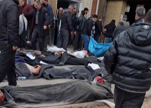 13일(현지시간) 소셜미디어(SNS)에 게시된 영상에서 14일 캡처한 사진으로 테헤란주 카흐리자크의 법의학 진단 및 실험 시설 내부에 수십 구의 시신이 놓여 있다./AFP·연합