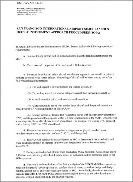 샌프란시스코 국제공항에서 동시이착륙 절차를 수행할 수 있는 조건을 명시한 문서. 위 조건들을 모두 만족해야 동시이착륙이 가능합니다. 자료: 미연방항공국(FAA)