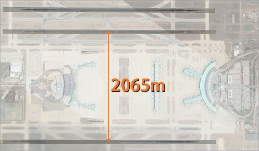 인천공항의 활주로 간 거리. 서편활주로와 동편활주로 사이 거리가 2km가 넘습니다. 자료: 구글어스