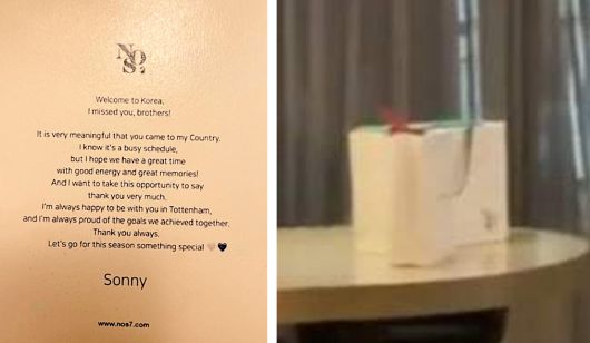손흥민(토트넘)이 방한한 팀 동료들을 위해 숙소에 넣어둔 편지(왼쪽 사진)와 선물로 보이는 흰색 종이가방.  사진 출처 스퍼스웹 트위터