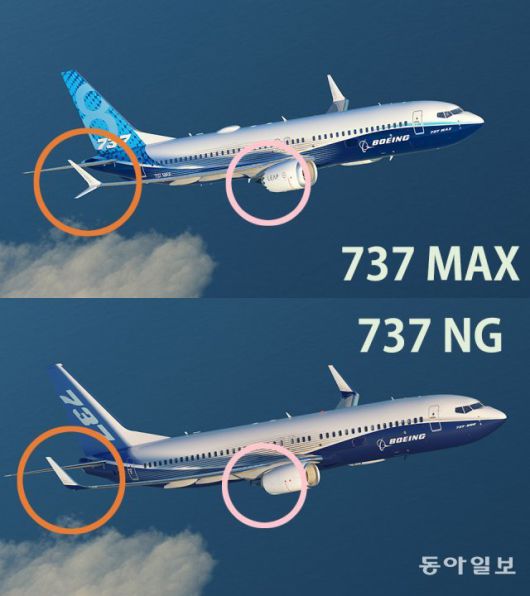 737NG와 737MAX 기종 비교. 엔진과 날개 끝부분 모양이 다릅니다. 보잉