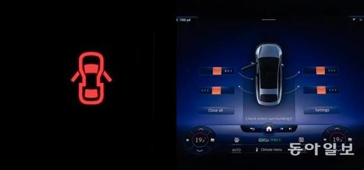 자동차의 문이 열렸다는 단순한 표시등과 최신 자동차에 탑재된 자동차 점검 시스템이 문이 열린 곳을 표시해주는 모습. 위키미디어, 벤츠 홈페이지 캡처