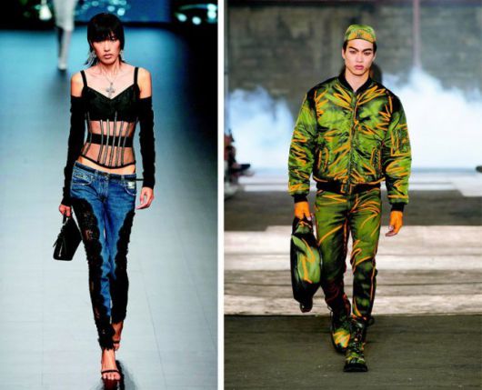스키니 진은 한물갔다? 올해 런웨이에 오른 봄여름 컬렉션을 보면 그렇지만도 않다. 레이스를 덧댄 스키니 진을 선보인 돌체앤가바나(왼쪽 사진)와 과감한 터치가 가미된 데님팬츠를 선보인 모스키노 맨즈웨어(오른쪽 사진). 각 사 제공