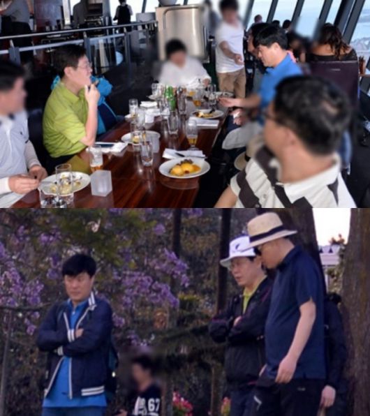 왼쪽 위부터 이재명 더불어민주당 대표(당시 성남시장)와 고(故) 김문기 전 성남도시개발공사개발1처장이 식당에 함께 앉아 있다. 아래 왼쪽부터 김 전 처장, 이 대표, 유동규 전 성남도시개발공사 기획본부장이 나란히 서있다. 고공행진 블로그