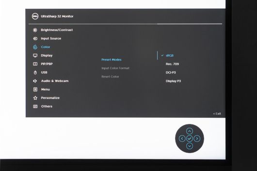 델 울트라샤프 U3224KB의 OSD 메뉴, 색재현력은 sRGB, Rec. 709, DCI-P3, Display P3를 설정할 수 있다 / 출처=IT동아