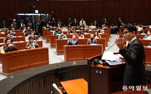 한동훈 법무부 장관이 6일 서울 여의도 국회 본청에서 열린 국민의힘 정책 의원총회에 참석해 출입국 이민관리청 신설 방안에 대해 설명하고 있다. 김재명 기자 base@donga.com
