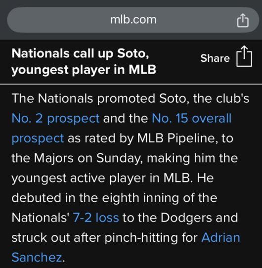 후안 소토 콜업 소식을 전한 MLB.com 기사