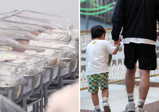 저출산 문제를 해결하기 위해 올해는 출산, 육아 등과 관련된 제도들이 여럿 바뀐다. 인천 미추홀구의 한 병원에 신생아들이 누워 있다(왼쪽 사진). 서울 송파구 롯데월드에서 한 아이가 아빠 손을 잡고 걷고 있다. 뉴스1·뉴시스
