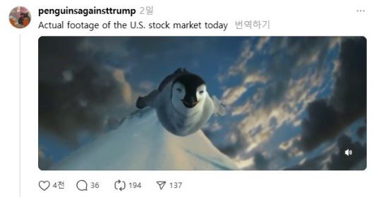 도널드 트럼프 미국 대통령의 상호관세 발표 뒤 주식 시장이 붕괴한 현상을 풍자한 밈. 스레드 캡처 @penguinsagainsttrump