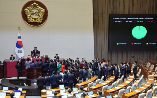 1일 서울 여의도 국회에서 열린 제424회 국회(임시회) 제7차 본회의에서 국민의힘 의원들이 최상목 탄핵소추안 상정에 반발하며 우원식 국회의장을 찾아가 규탄하고 있다. 뉴시스