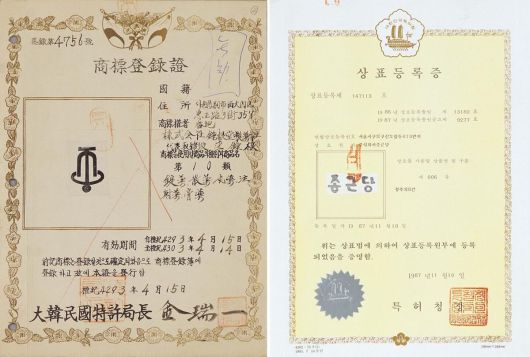 종근당 기업 심볼(왼쪽)과 상호 상표등록증