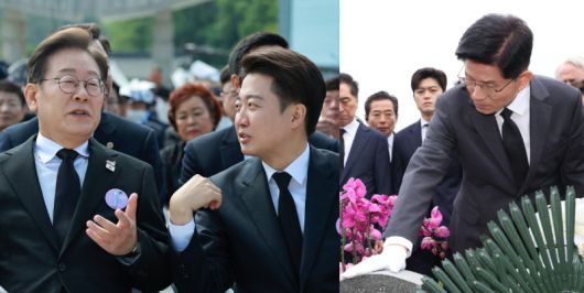 18일 광주 북구 국립5·18민주묘지에서 열린 제45주년 5·18민주화운동 기념식에 참석한 더불어민주당 이재명 후보(왼쪽 사진 왼쪽)와 개혁신당 이준석 후보가 대화를 나누고 있다. 오른쪽 사진은 기념식에 불참한 국민의힘 김문수 후보가 전날 같은 장소에서 묘역 참배를 하는 모습. 이재명 후보는 “김 후보가 대오각성하고 오늘 저녁에라도 와서 반성의 취지로 참배를 하기 바란다”고 비판했다. 광주=뉴시스