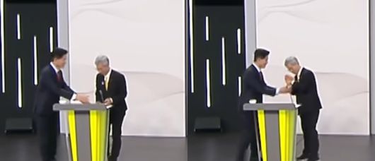 국민의힘 김문수 후보의 악수를 거부하는 민주노동당 권영국 후보. 유튜브 영상