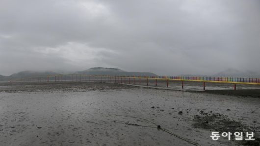 전남 고흥군 득량만 깊숙한 곳에 있는 섬 우도와 육지를 연결하는 ‘레인보우교’. 그 아래로 물이 빠진 갯벌을 가로질러 뭍으로 가는 길이 드러났다. 레인보우교는 사람만 다닐 수 있다.