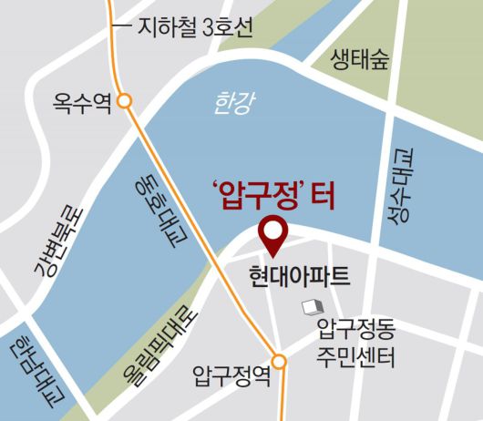 겸재 정선 ‘압구정’의 모델이 된 한명회의 집 ‘압구정’ 현재 위치. 서울 강남구 압구정 현대아파트 71동과 72동 사이로 알려져 있다.