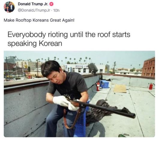 도널드 트럼프 미국 대통령의 장남인 트럼프 주니어가 1992년 LA 폭동 당시 한인 상점가를 지키기 위해 무장한 한인을 연상시키는 사진을 소셜미디어에 올렸다. 해당 사진은 한국계 미국인 강형원 기자가 LA타임스에서 활동할 당시 촬영한 사진이다. 트루스소셜 캡처