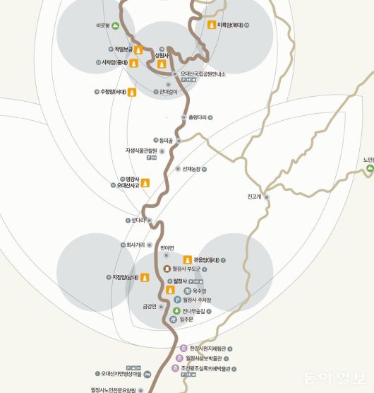 일주문부터 상원사까지 약 9km의 월정사 선재길은 순례길이자, 각종 문화재와 자연 경관이 어우러진 힐링 코스. 기승을 부리는 폭염과 열대야도 이곳에서는 언제 그랬냐는 듯 맥을 못춘다. 평창=이진구 기자 sys1201@donga.com