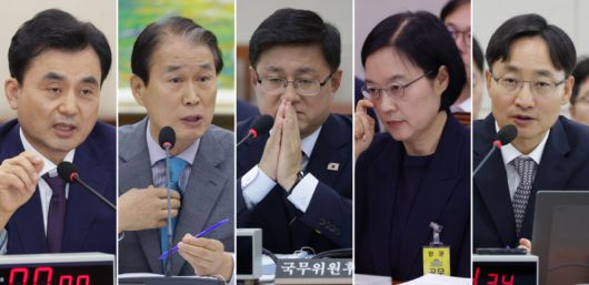 15일 서울 여의도 국회에서 안규백 국방부 장관 후보자, 권오을 국가보훈부 장관 후보자, 김성환 환경부 장관 후보자, 한성숙 중소벤처기업부 장관 후보자, 임광현 국세청장 후보자(왼쪽부터)에 대한 인사청문회가 열렸다. 전날에 이어 이날 청문회도 야당의 의혹 제기는 한 방이 없었고, 여당은 후보자 엄호에만 급급해 ‘맹탕 청문회’라는 지적이 나왔다. 이훈구 ufo@donga.com·박형기 기자