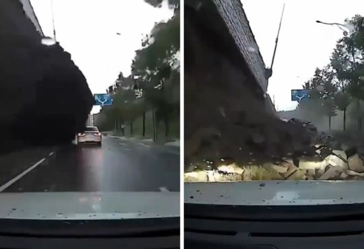 순식간에 무너진 오산 옹벽, 車 덮쳐 16일 오후 경기 오산시 가장교차로 고가도로의 10m 높이 옹벽이 무너지는 순간(왼쪽 사진)과 그 아래를 지나던 승용차를 덮치는 모습이 뒤를 따라오던 차량 블랙박스에 찍혔다. 이 사고로 승용차 운전자인 58세 남성이 숨졌다. 온라인 커뮤니티 영상 캡처