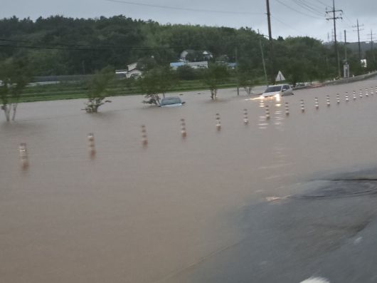 17일 오전 8시께 충남 서산시 성연면 이안큐브 앞 도로가 호우로 침수돼 차량이 물에 잠겨 있다. 2025.07.17.  서산=뉴시스=독자 제공