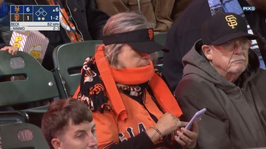 26일(현지 시간) 미국프로야구 메이저리그(MLB) 샌프란시스코  자이언츠의 홈구장 오라클 파크에서 한 관중이 머플러를 두르고 야구 경기를 관람하고 있다.