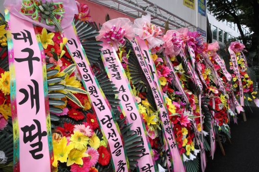 2022년 당시 이재명 더불어민주당 의원의 지지자들이 민주당 중앙당사에 보낸 지지 화환들. 특히 여성 지지자들은 스스로를 ‘개딸(개혁의 딸)’이라고 불렀다. 뉴스1