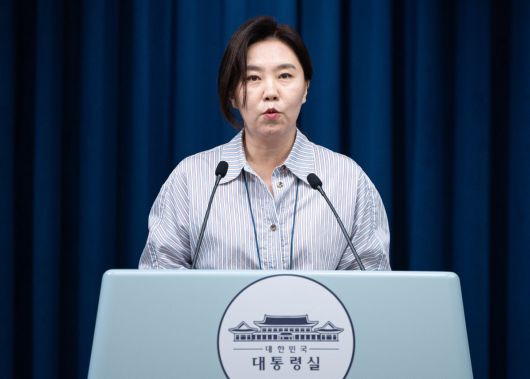 강유정 대통령실 대변인이 1일 서울 용산 대통령실 청사에서 전국 시·도지사 간담회 관련 브리핑을 하고 있다. 2025.8.1/뉴스1