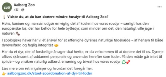 논란이 된 덴마크 동물원 SNS 계정의 게시물. 닭, 토끼, 기니피그 등을 먹이로 기부할 것을 부탁하며 ‘자연스러운 먹이 사슬’을 위한 것이라고 덧붙였다. 출처=올보르동물원 페이스북 캡처