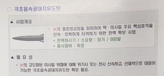 공군이 개발 검토중인 극초음속공대지유도탄. 유용원 의원실 제공