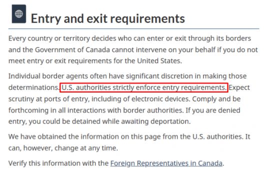 캐나다 권고한 미국 여행 주의사항. 미국 여행 시 전자기기를 포함한 모든 장비를 검사 당할 수 있다고 경고하고 있다. (출처=캐나다 여행 권고 홈페이지 캡처)