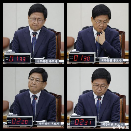 최 후보자가 의원 질의를 들으며 굳은 표정을 짓고 있다. 박형기 기자 oneshot@donga.com