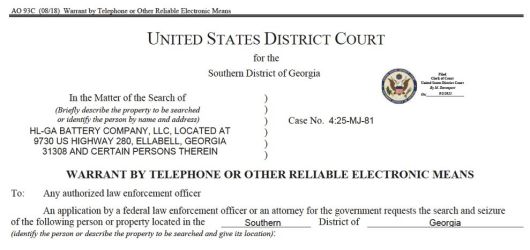 미국 조지아주 남부 연방지방법원이 발부한 압수수색 영장 일부