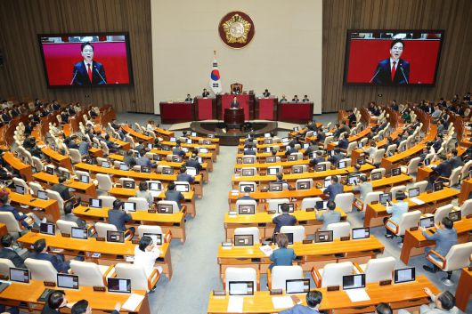 송언석 국민의힘 원내대표가 10일 오전 서울 여의도 국회에서 열린 제429회국회(정기회) 제3차 본회의에서 국정에 관한 교섭단체 대표연설을 하고 있다. 2025.9.10 뉴스1