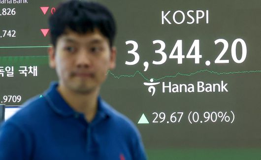 코스피 지수가 사상 최고치를 경신한 11일 오후 서울 중구 하나은행 본점 딜링룸 전광판에 종가가 나오고 있다.  이날 코스피는 전일 종가와 비교해 29.67포인트(p)(0.90%) 상승한 3344.20, 코스닥은 전일 대비 1.76p(0.21%) 상승한 834.76으로 마감했다. 서울외환시장에서 달러·원 환율은 전일 오후 3시 30분 종가 대비 5.2원 오른 1391.8원을 나타내고 있다. 2025.9.11/뉴스1