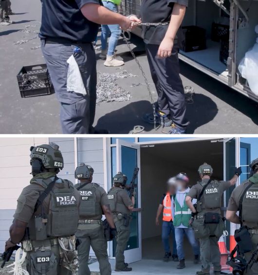 4일(현지 시간) 미국 조지아주 서배너의 현대자동차-LG에너지솔루션 합작 배터리 공장 건설현장(HL-GA)을 급습한 미국 정부 관계자들이 한국인 직원으로 추정되는 남성의 허리와 발을 쇠사슬로 결박하고 있다(위쪽 사진). 이날 단속에 나선 마약단속국(DEA) 요원들이 소총 등으로 무장한 채 공장 건물 입구를 지키고 있다(아래쪽 사진). 미국 이민세관단속국(ICE) 홈페이지 캡처