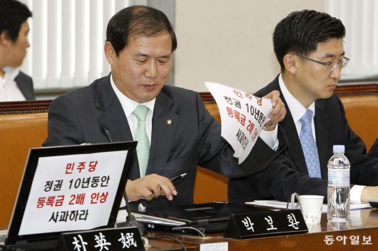 13일 국회 교과위 상임위원에서 한나라당 의원들의 노트북에 ‘민주당 정권 10년동안 등록금 2배 인상 사과하라’는 문구가 적혀 여야간 문구 설전을 벌이며 회의를 진행하고 있다. / 같은 날.  동아일보 DB