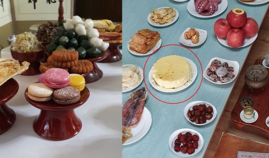 온라인 상에서 화제가 된 차례상들. 왼쪽은 프랑스 디저트인 마카롱을, 오른쪽은 치즈케이크가 차례상에 올라와 있다. (출처=X, 루리웹 캡처)