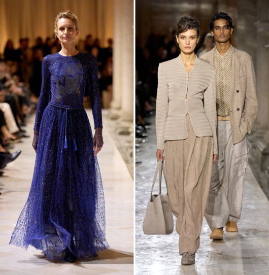 9월 28일(현지 시간) 이탈리아 밀라노 브레라 미술관에서 열린 조르조 아르마니의 ‘2026 봄여름 여성 컬렉션’ 피날레 무대에는 한 모델이 아르마니의 얼굴을 크리스털 자수로 새긴 드레스를 입고 등장해 눈길을 끌었다(왼쪽 사진). 아르마니는 이번 컬렉션에서 그가 사랑한 섬 ‘판텔레리아’의 낭만을 담아 모래 빛 베이지(오른쪽 사진)와 짙푸른 바다색, 싱그러운 녹색이 어우러진 색감을 선보였다. 브랜드 제공