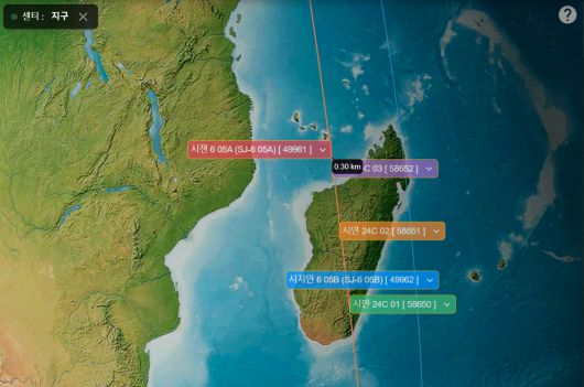 지난해 중국이 5기의 위성을 이용해 우주 공중전(도그파이팅)을 훈련하고 있는 모습. 스페이스튜브 캡처