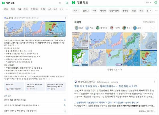 현재는 네이버에서 ‘일본 영토’를 검색해도 AI 브리핑 결과가 표시되지 않는다. 사진=뉴시스
