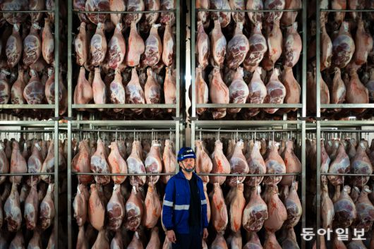 페루 출신 빅토르 라주리(41)가 2025년 2월 20일 스페인 레이다주 기소나에 있는 햄 공장에서 포즈를 취하고 있다. 스페인 북동부의 거대한 생산 공장에서는 62개국 출신 사람들이 일하고 있다. AP 뉴시스